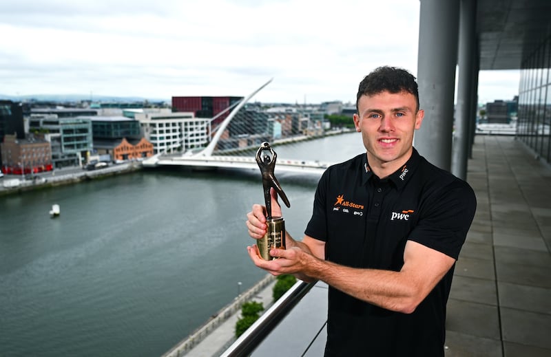 PwC GAA/GPA Player of the Month for June in football, Jordan Morris of Meath, with his award at PwC offices in Dublin. Photograph: Tyler Miller/Sportsfile