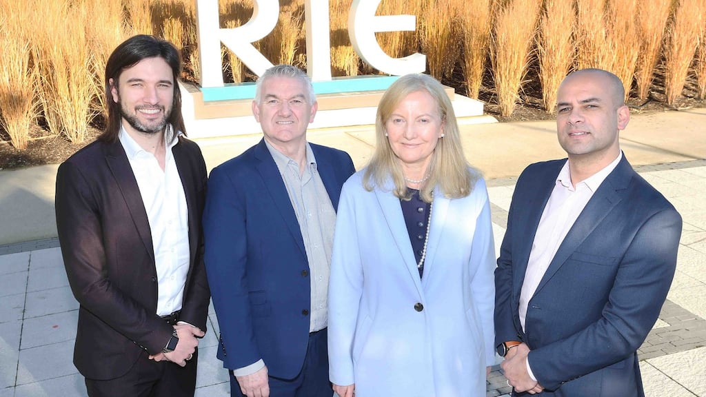 From left: Gavin Annon, head of sales and marketing and Terry Woods, commercial director, Mount Charles with Eileen Duggan, RTÉ’s sustainability and environmental services manager, and Philip Sangari, Mount Charles head of operations