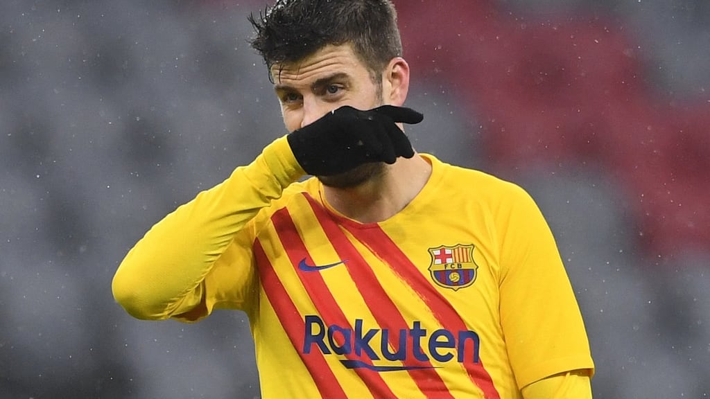 Gerard Pique, who experienced many great days with Barcelona in Europe, reacts following the 3-0 defeat to Bayern Munich which ended the Spanish club’s interest in the current Champions League. Photograph: Christof Stache/AFP/Getty Images