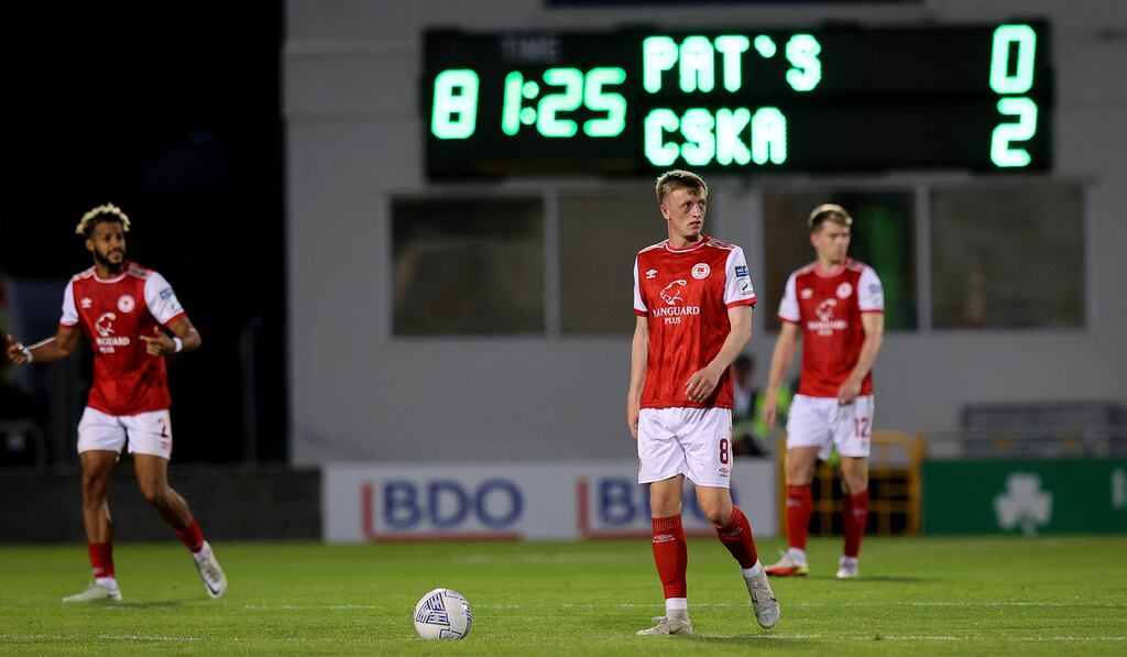 Pat’s Chris Forrester after his side conceded their second goal. Photograph: Ryan Byrne/Inpho