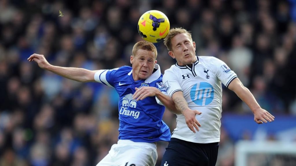 James McCarthy of Everton jumps for a header with Lewis Holtby of Tottenham Hotpsur. Photograph: Chris Brunskill/Getty Images LIVERPOOL, ENGLAND - NOVEMBER 03: James McCarthy (L) of Everton jumps for a header with Lewis Holtby of Tottenham Hotpsur during the Barclays Premier League match between Everton and Tottenham Hotspur at Goodison Park on November 03, 2013 in Liverpool, England. (Photo by Chris Brunskill/Getty Images)