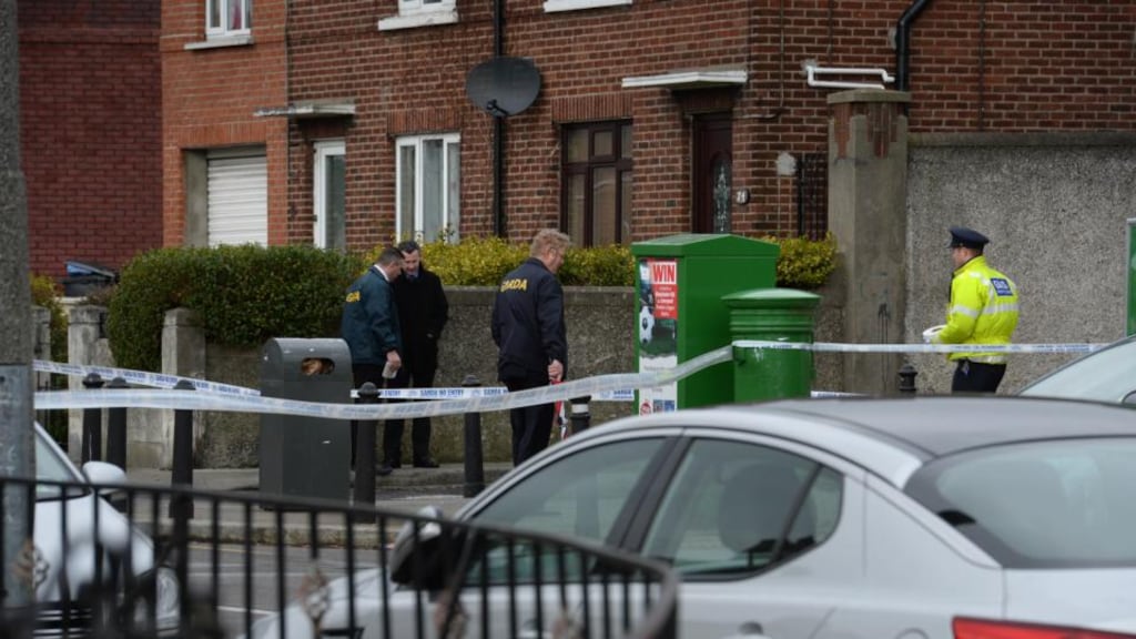 Gardai have sealed off the scene on Faussagh Avenue, Cabra in Dublin this morning to investigate the death of a man in his 20s. Photograph: Dara Mac Dónaill/The Irish Times