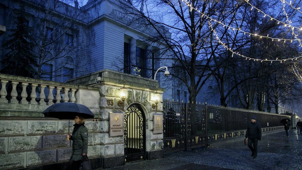 Russian embassy in Berlin: tensions mount as Moscow refuses to co-operate in the investigation of a murder in which German prosecutors suspect Russian or Chechen involvement. Photograph: Carsten Koall/GettY