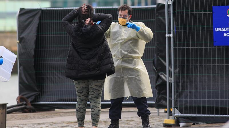 April, 2020: The entrance to the coronavirus test centre on Sir John Rogersons Quay in Dublin. Photograph: Gareth Chaney/Collins