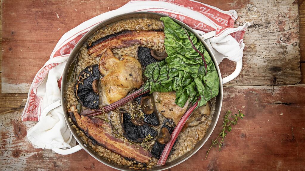 Baked duck with barley, sherry and field mushrooms