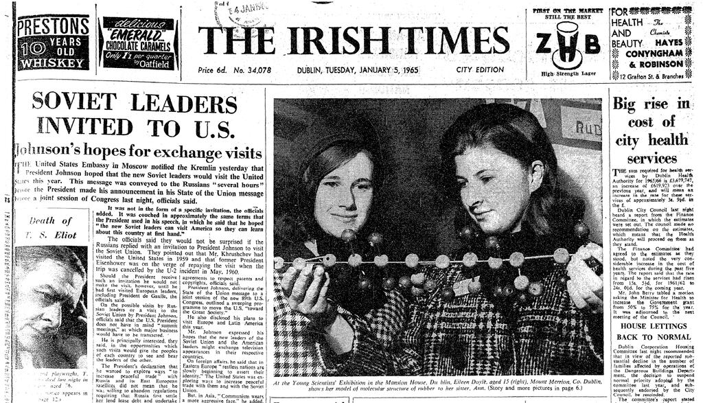 The front of The Irish Times on January 5th, 1965, featurnig a photograph from the opening of the Young Scientists' Exhibition