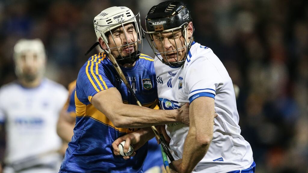 Tipperary’s Patrick Maher tackles Waterford’s Kevin Moran during Tipperary’s 1-20 to 1-11 victory at Semple Stadium, Thurles, Tipperary. Photograph: Cathal Noonan/Inpho