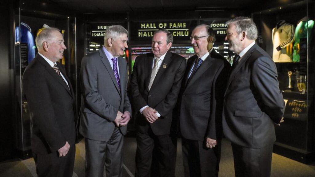 GAA president Liam Ó Neill with GAA Hall of Fame inductees, from left, Kilkenny’s Noel Skehan, Kerry’s Mick O’Dwyer, Sligo’s Michael Kearins and Waterford’s Pat McGrath at Croke Park. Photo: Matt Browne/Sportsfile
