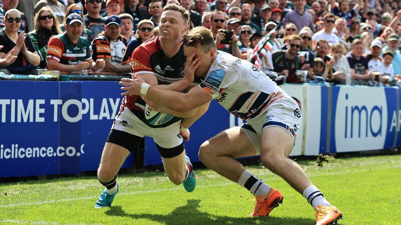 Chris Ashton of Leicester Tigers holds off Ioan Lloyd of Bristol Bears during the Gallagher Premiership match at Welford Road. Photograph: David Rogers/Getty Images