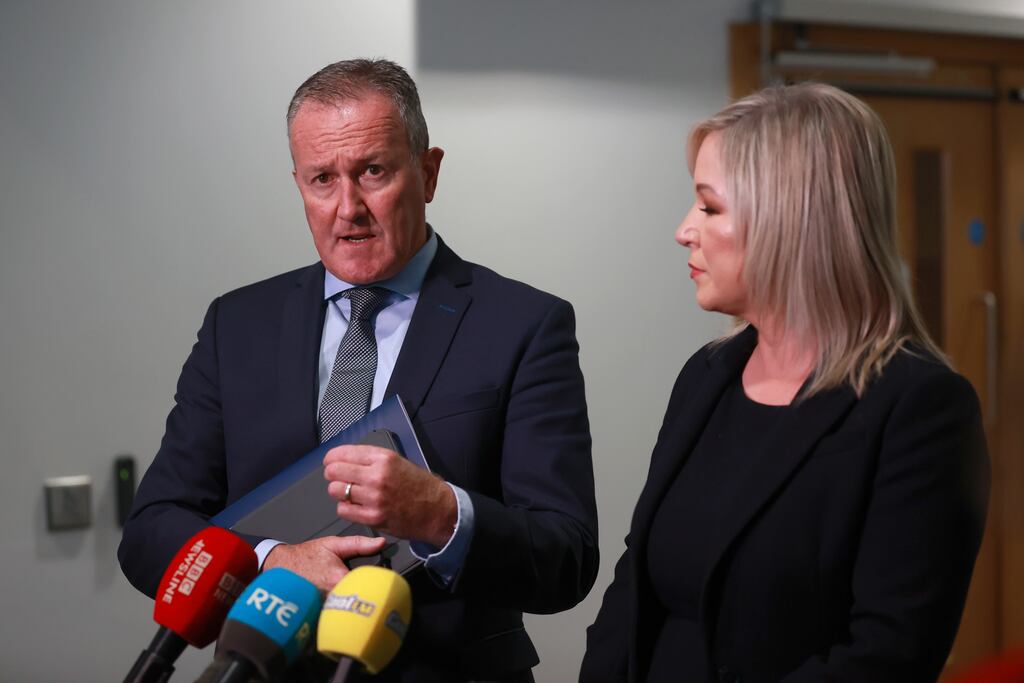 Sinn Féin Stormont First Minister Michelle O'Neill (right) and outgoing Economy Minister Conor Murphy. Photograph: Liam McBurney/PA Wire