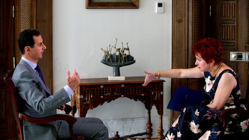 A handout photograph made available on Friday by Syrian Arab News Agency (SANA) shows Syrian president Bashar al-Assad giving an interview to Russia’s Komsomolskaya Pravda newspaper in Damascus, Syria, on Wednesday. Photograph: EPA