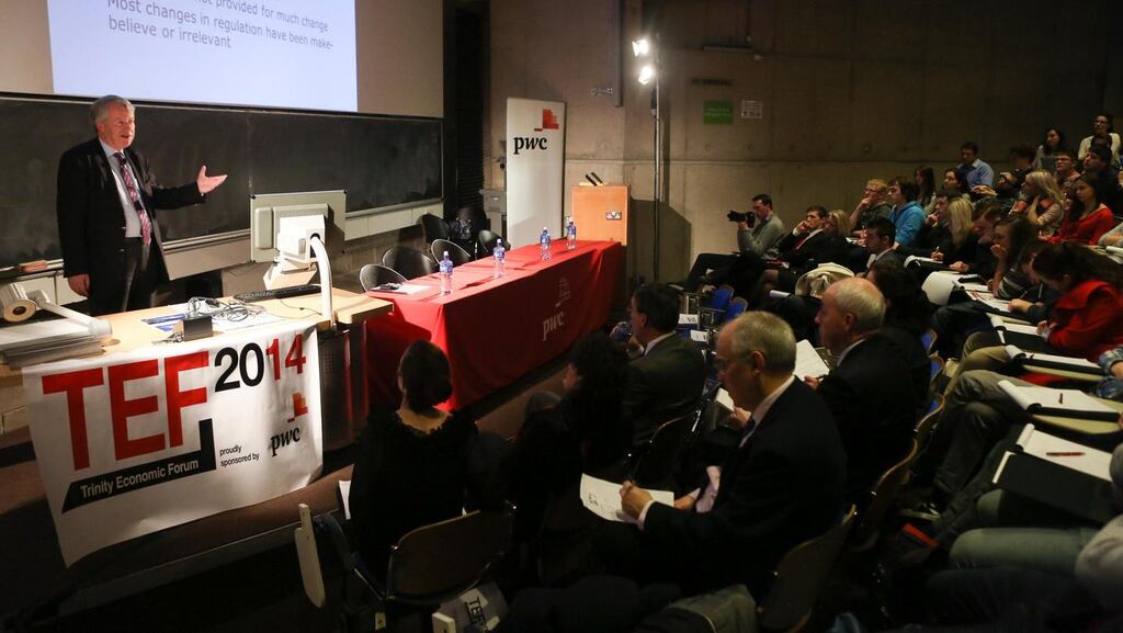 Max Planck Institute director Martin Hellwig speak to participants at the Trinity economic forum in Trinity College Dublin. Photograph: Sam Boal