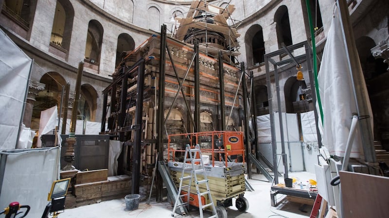 A view of the archaeology work outside the tomb of Jesus Christ in the Church of the Holy Sepulchre, in the old city of Jerusalem, Israel, 01 November 2016. Photograph: Abir Sultan