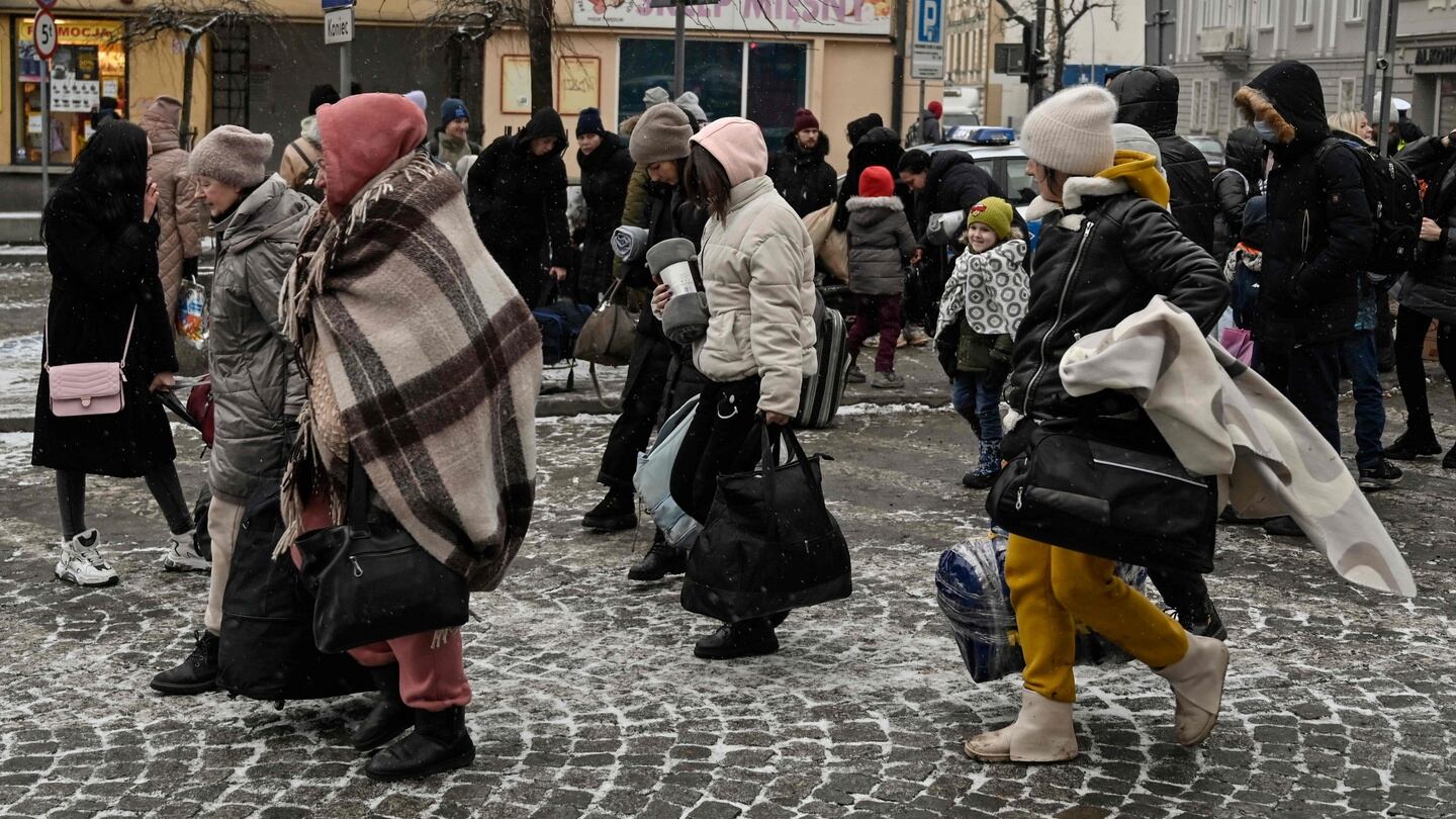 Ukrainian refugees arrive at Przemysl station in Poland on Wednesday. Photograph: Louise Gouliamaki/AFP via Getty