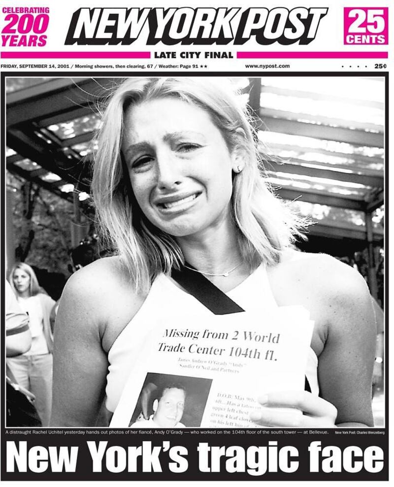 New York’s tragic face: Rachel Uchitel on the front page of the New York Post after the September 11th attacks