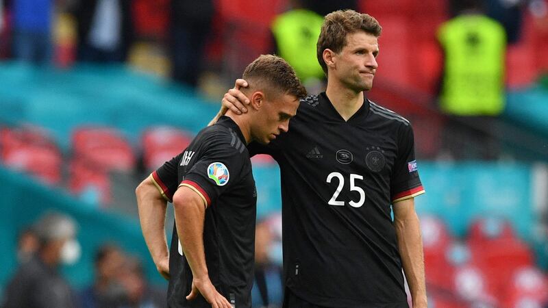 Thomas Muller and Joshua Kimmich pictured after Germany’s defeat to England at Wembley. Photograph: Justin Tallis/Getty/AFP