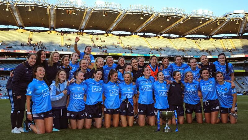 Dublin team celebrate winning the Division One final. Photograph: Brian Reilly-Troy/Inpho