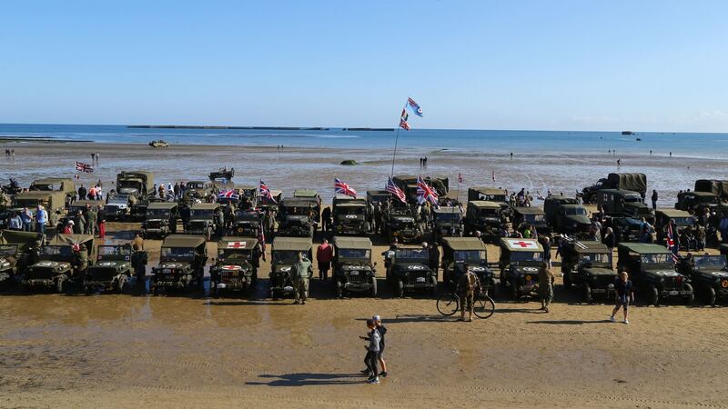 Military vehicles line the beach at Arromanches in Normandy, northern France, ahead of D-Day commemorations on Thursday. Photograph: Gareth Fuller/PA Wire