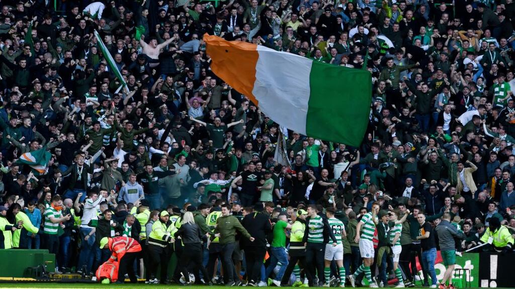 Celtic celebrate Odsonne Edouard’s opener agains Rangers. Photograph: Ian Rutherford/PA