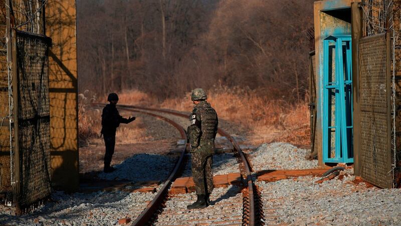 South Korean soldiers inside the demilitarised zone separating the two Koreas in Paju on November 30th. Photograph: Kim Hong-Ji