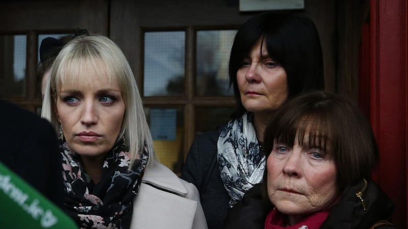 Clodagh Hawe’s mother, Mary Coll (right), Jacqueline Connolly (left) and another family member outside Cavan courthouse following an inquest hearing in December 2017. Photograph: Brian Lawless/PA Wire