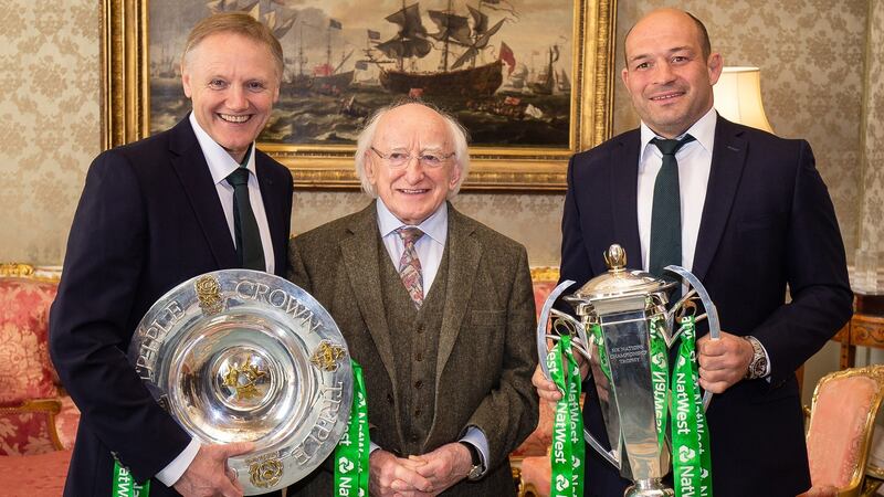 Joe Schmidt and Rory Best with Michael D Higgins. Photograph: Laszlo Geczo/Inpho