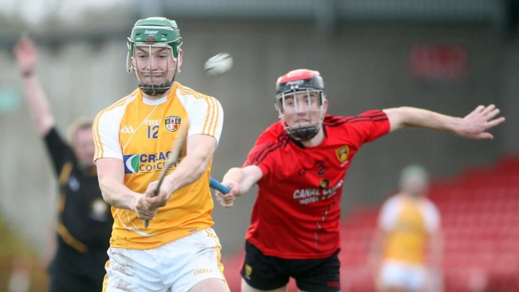 Antrim’s Paul Shiels and Down’s Ryan Brannigan during the Ulster SHC final at Celtic Park, Derry. Photograph: Lorcan Doherty/Inpho.