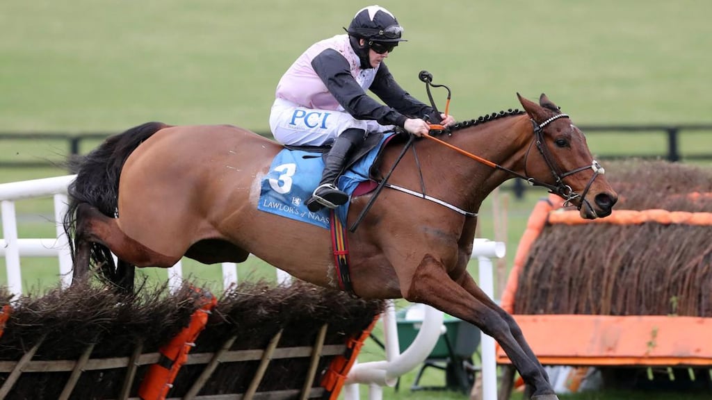 Rachael Blackmore onboard Bob Olinger jumps the last on the way to winning to the Lawlor’s Of Naas Novice Hurdle at Naas. Photograph: Caroline Norris/Inpho