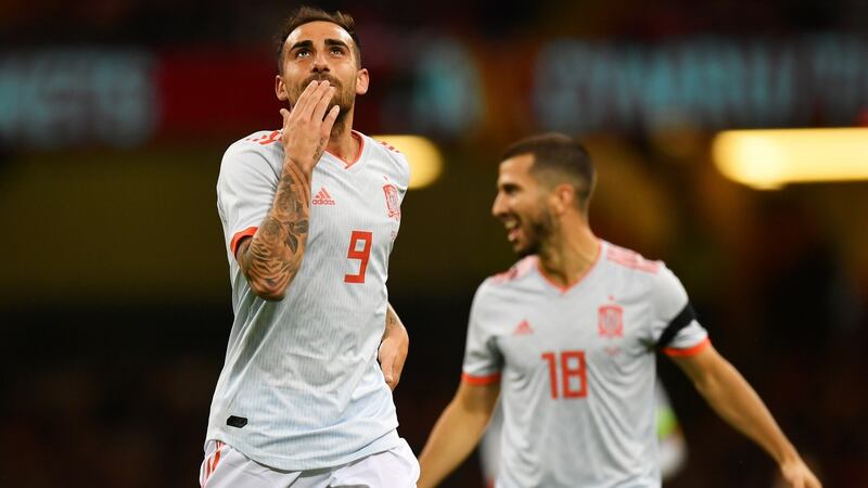 Paco Alcacer of Spain celebrates after he scores his team’s first goal during the friendly against Wales at the Principality stadium in Cardiff. Photograph: Dan Mullan/Getty Images