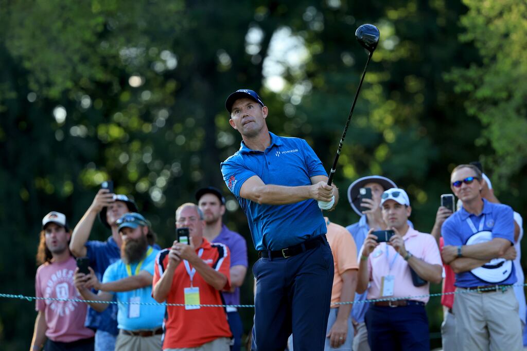 Padraig Harrington of Ireland plays a shot on the 18th hole during the third round of the US Senior Open Championship at Saucon Valley Country Club. Photograph: Sam Greenwood/Getty Images