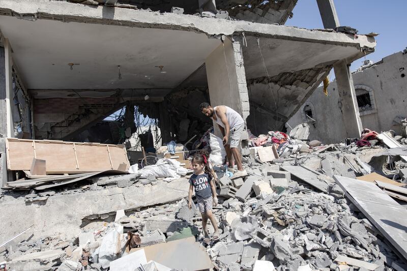 Internally displaced Palestinians inspect their home after a ground military operation by Israeli forces, in Khan Younis camp in the southern Gaza Strip on Friday. Photograph: Haitham Imad/EPA