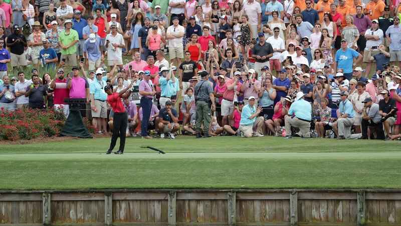 Tiger Woods plays form the drop zone on the 17th hole during the final round. Photo: Richard Heathcote/Getty Images