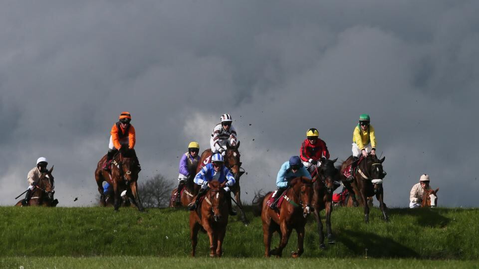 Runners and riders including eventual winner Jacks Island ridden by Gerr Fox (second right) clear Ruby’s Double during the Avon Ri Corporate & Leisure Resort Chase. Photograph: Brian Lawless/PA Wire