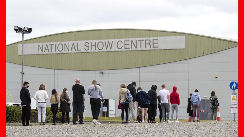 People queue outside a walk-in vaccination centre at the National Show Centre in Swords, Dublin, on Sunday. Photograph: Damien Eagers/PA Wire