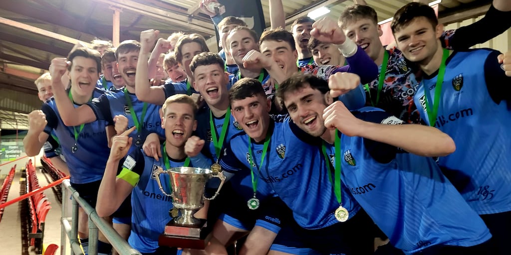 UCD celebrate their Collingwood Cup success after defeating University of Limerick 3-2 at Inver Park in Larne. Photograph: Eamon Scott/Strikeronline