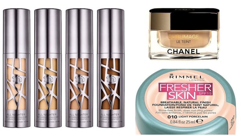 Urban Decay All Nighter Foundation (€34); Rimmel Fresher Skin Foundation (€9.95); Chanel Sublimage Le Teint (€125)