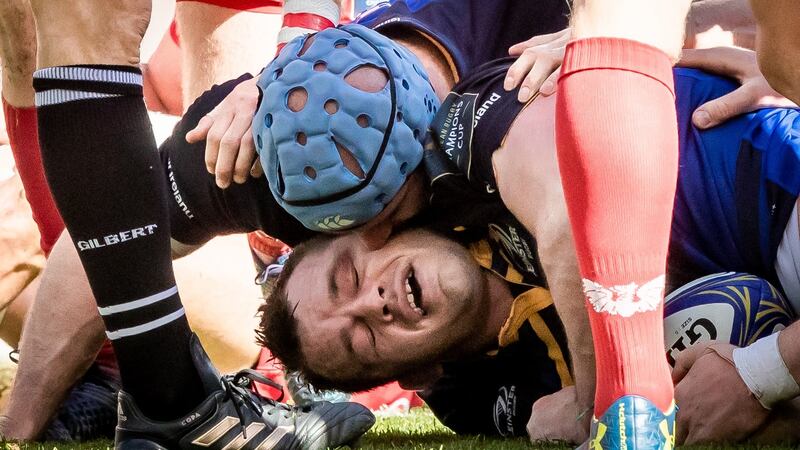 Leinster’s Scott Fardy kisses Cian Healy after the prop’s score. Photograph: Morgan Treacy/Inpho