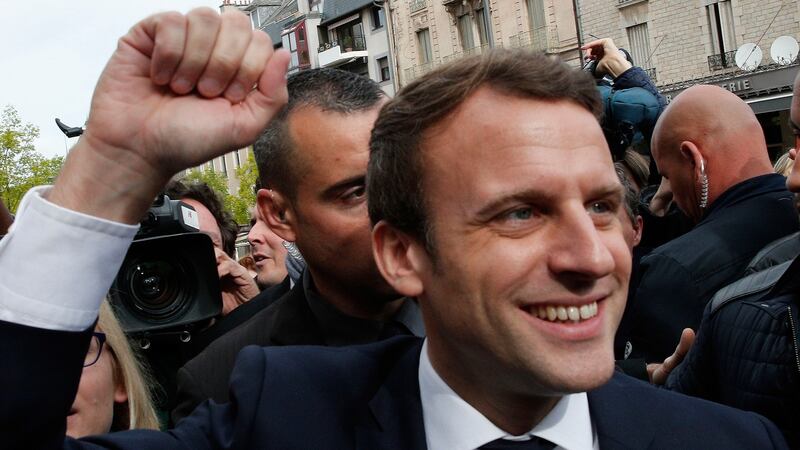 Emmanuel Macron campaigning in Rodez, southern France on Friday. Photograph: Christophe Ena/AP