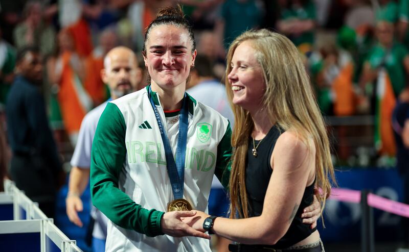 Kellie Harrington with her wife Mandy after the medal ceremony at the Paris Games. Photograph: James Crombie/Inpho