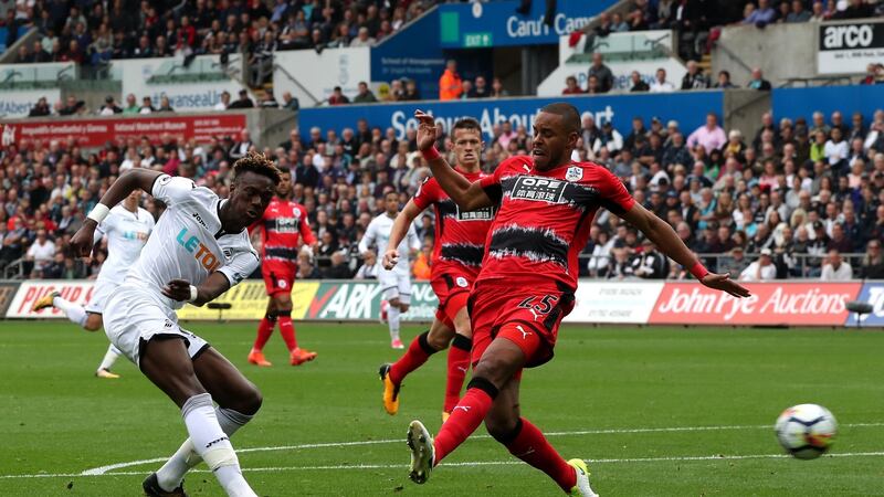 Swansea City’s Tammy Abraham shoots at goal during the Premier League game against Huddersfield Town at the Liberty Stadium. Photograph: Nick Potts/PA Wire