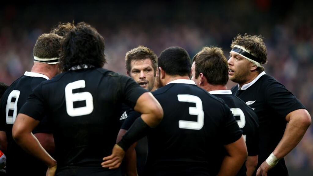 Richie McCaw talks to his All Blacks team during the epic match against Ireland at the Aviva Stadium. At the press conference after the match McCaw talked of the belief that flows through the team, even under the most intense pressure. Photograph: Phil Walter/Getty Images)