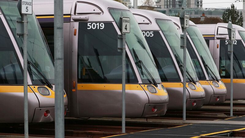 Luas trams parked up at Sandyford Luas depot in Dublin late last month during a strike. File photograph: Nick Bradshaw