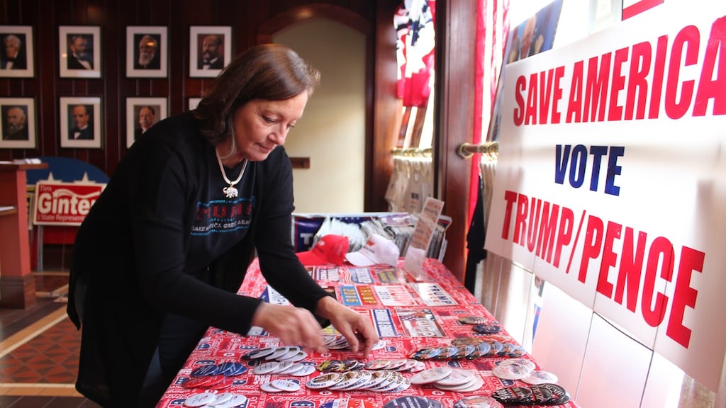 “Lock her up!”: Anita Fraser inside the local party’s headquarters in Lisbon, Ohio. Photograph: Simon Carswell