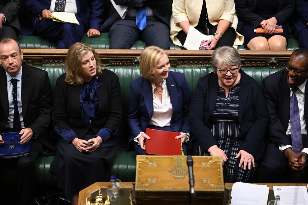 ONE EDITORIAL USE ONLY. NO SALES. NO ARCHIVING. NO ALTERING OR MANIPULATING. NO USE ON SOCIAL MEDIA UNLESS AGREED BY HOC PHOTOGRAPHY SERVICE. MANDATORY CREDIT: UK Parliament/Jessica Taylor Handout photo issued by UK Parliament of Leader of the House of Commons Penny Mordaunt, Prime Minister Liz Truss and Health and Social Care Therese Coffey during Prime Minister's Questions in the House of Commons, London. Picture date: Wednesday September 7, 2022.