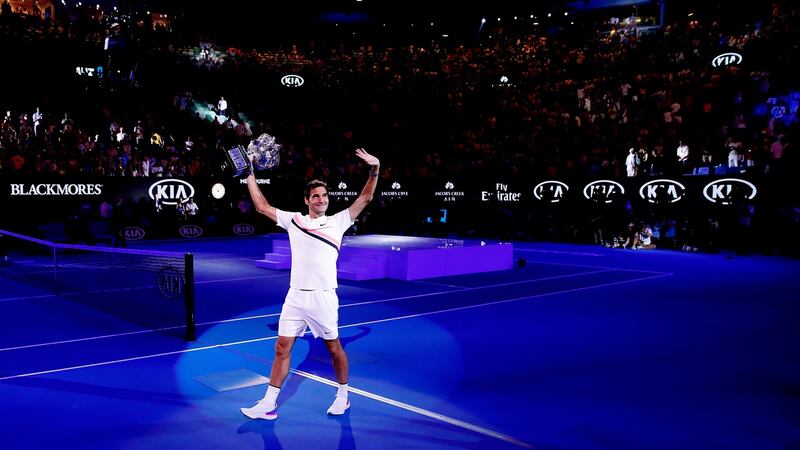 Roger Federer celebrates his last grand slam title - the 2018 Australian Open. Photograph: Scott Barbour/Getty