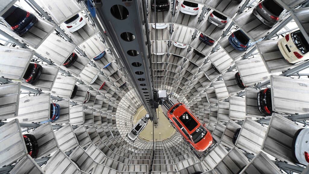 The delivery tower at Volkswagen in Wolfsburg: VW’s results are out on Tuesday. Photograph: REUTERS/Fabian Bimmer