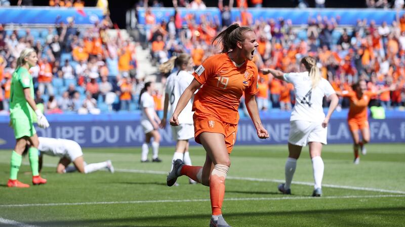 Jill Roord celebrates after scoring Holland’s late winner against New Zealand. Photograph: Alex Grimm/Getty