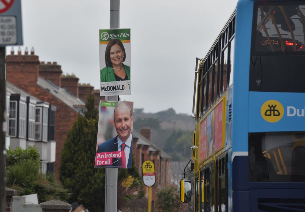 Posters from the 2020 general election featuring Mary Lou McDonald of Sinn Fein and Micheál Martin of Fianna Fail. Photograph: Alan Betson