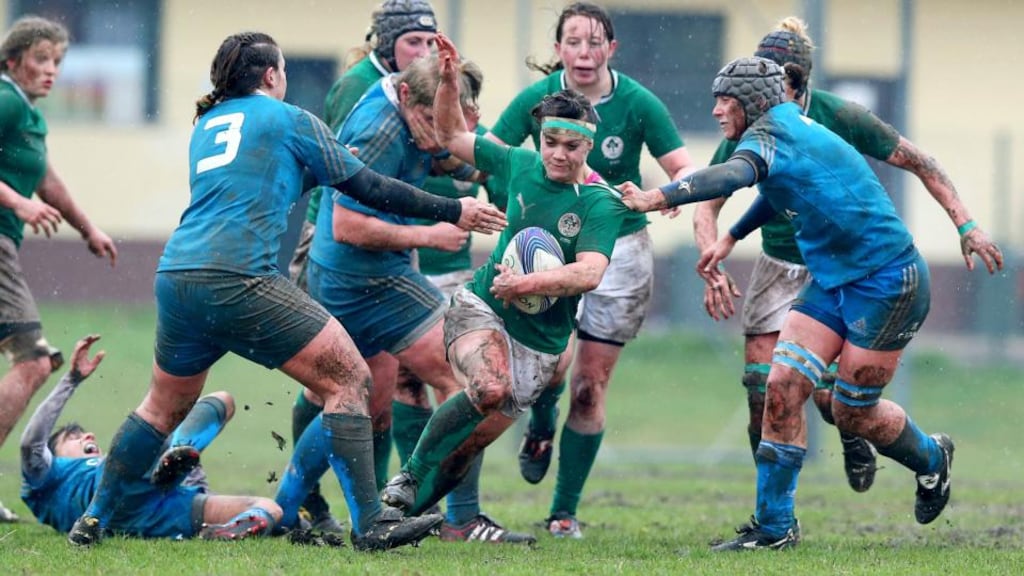 Lynne Cantwell is tackled by Silvia Gaudino of Italy in Milan. Photograph: Dan Sheridan