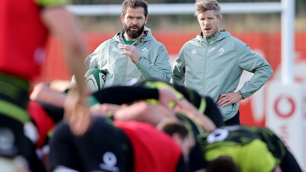 Ireland head coach Andy Farrell and assistant coach Simon Easterby watch the team during training at the IRFU High Performance Centre, Sport Ireland Campus, Blanchardstown. Photograph: Dan Sheridan/Inpho